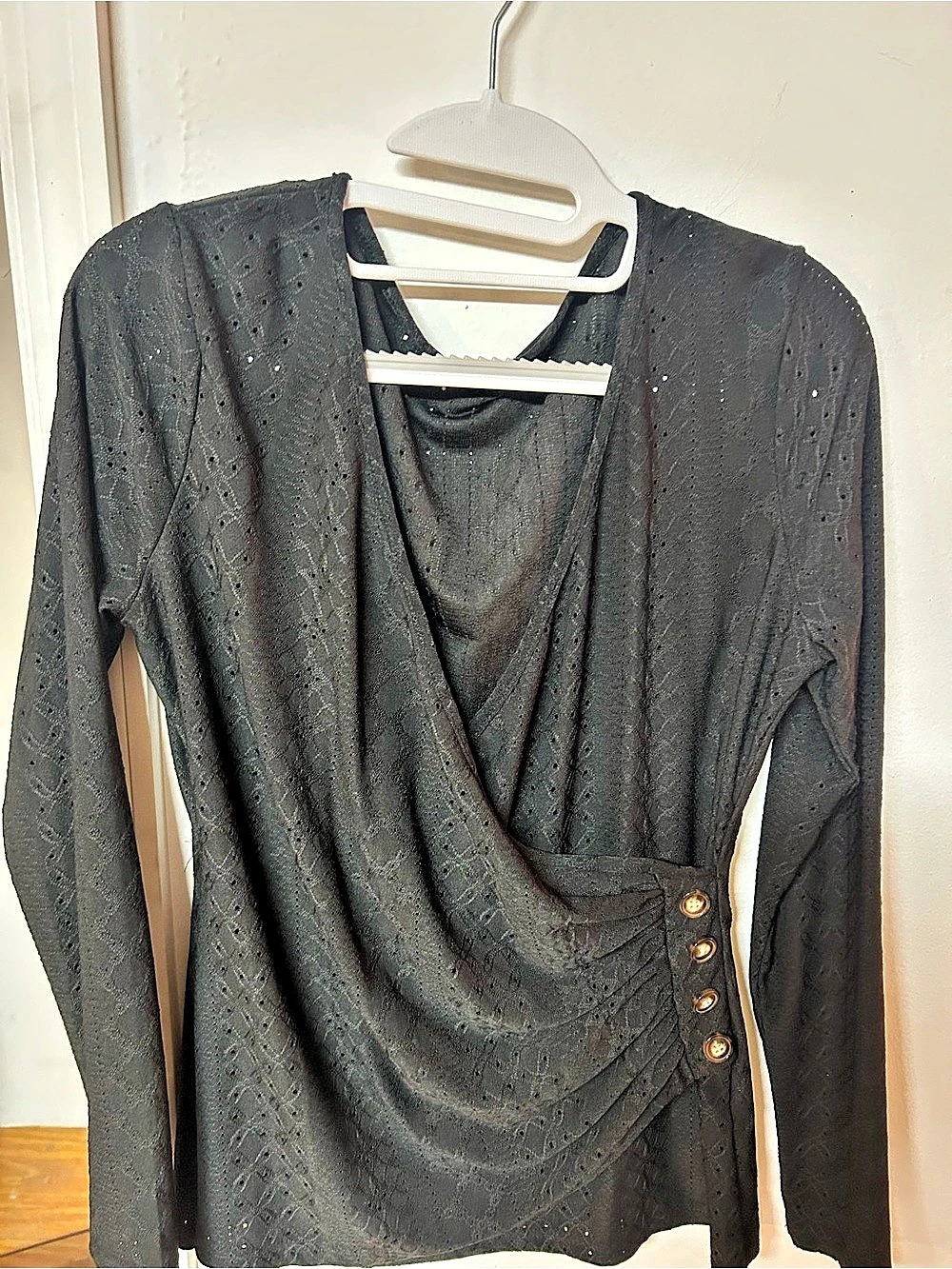 Black Eyelet Ruched Button Detail Long Sleeve Top Size L